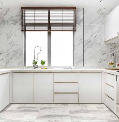 3d rendering white minimal kitchen with wood decoration